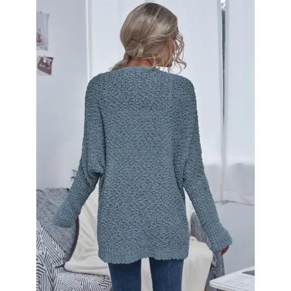 Blue Chunky Knit Open Cardigan With Pockets - Picture 3 of 3